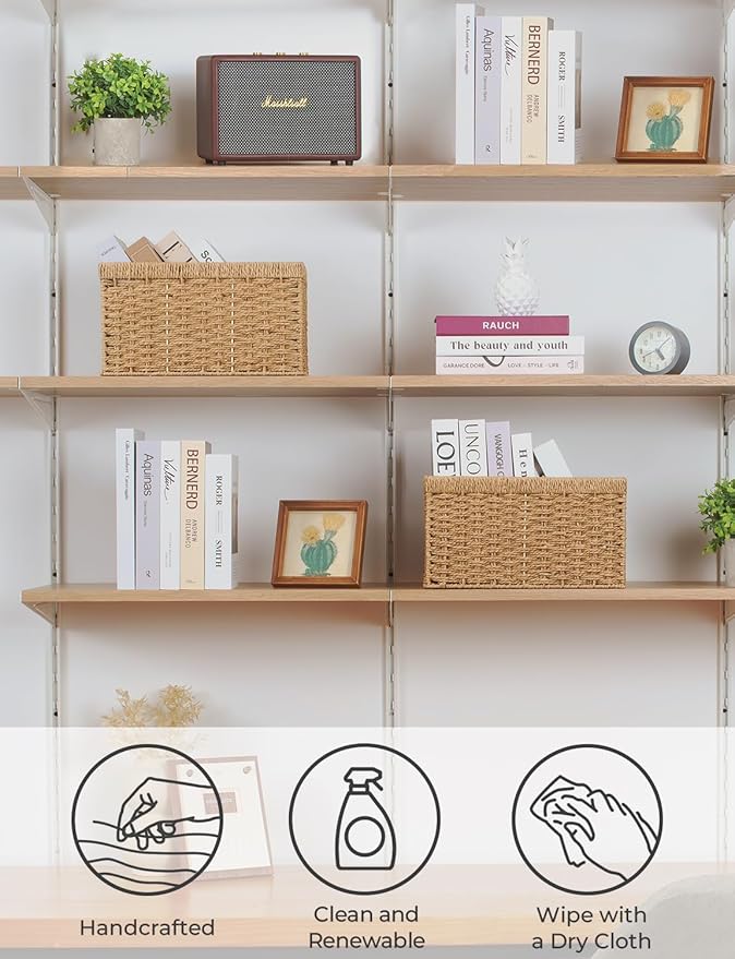 StorageWorks Round Paper Rope Storage Baskets, Rectangular Wicker Baskets with Built-in Handles, Medium, 13 ¼ x 8 ½ x 7 ¼ inches, 2-Pack