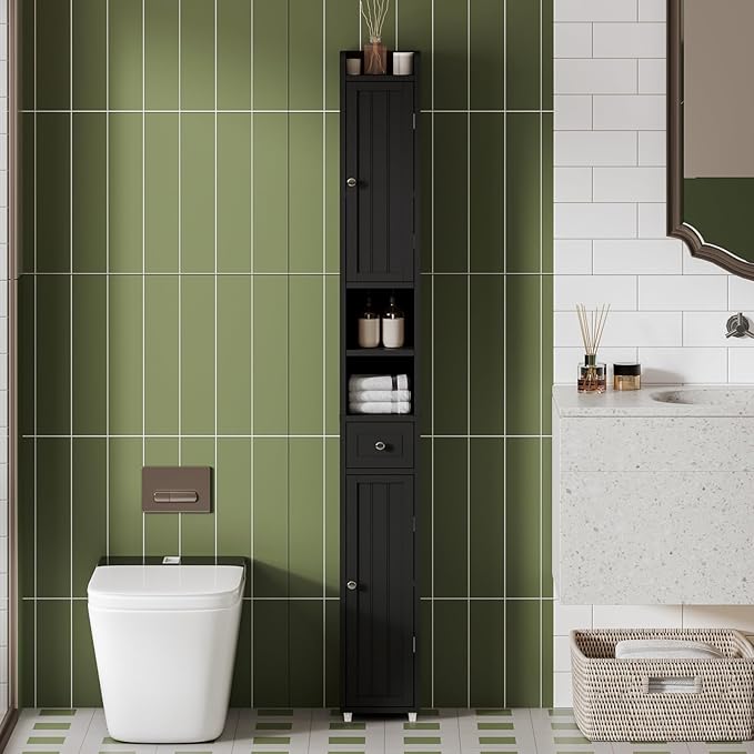 ChooChoo Narrow Bathroom Storage Cabinet with Adjustable Shelves, Tall Storage Cabinet with 2 Doors and 1 Drawer, Freestanding Cupboard for Small Spaces, Black
