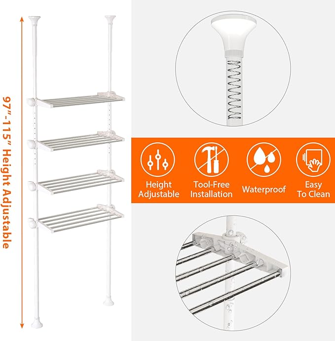 4-Tier Over The Toilet Storage Shelf, 4.5-9.5 FT Adjustable Bathroom Organizer, Heavy Duty Metal Shelves Above Behind Toilet Laundry, Space-Saving Shelving for Small Rooms, No Drill, White