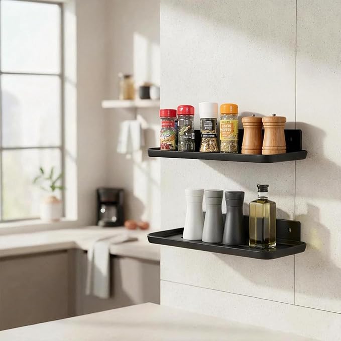 FAYYGYH Adhesive Floating Shelves No Drill Floating Shelf for Wall Storage Damage-Free Wall Mounted Organizer for Bathroom, Kitchen, Bedroom & Office (Black, 4 PCS)