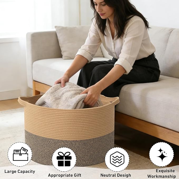 115L Extra Large Blanket Basket,Woven Rope Laundry Basket Hamper with Handles, Decorative Nursery Basket Storage Bin for Toys, Clothes Organizer, Living Room, Bedroom, Bathroom, Jute&Black