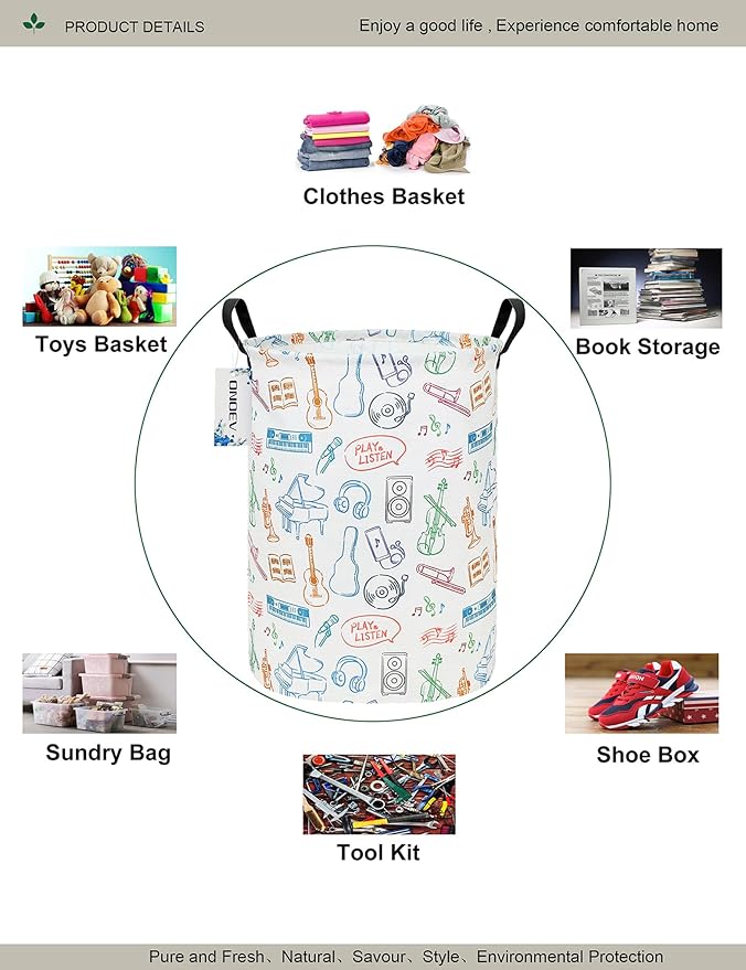 Round Waterproof Laundry Basket,Gift Basket,Suitable for Children's Room and Toy Storage(Musical instrument)