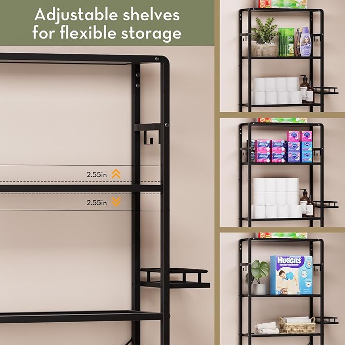 SAYGOER Glass Over The Toilet Storage Rack, 3-Tier Over-The-Toilet Storage, Adjustable Shelf Bathroom Organizer, Black Space Saving Shelves