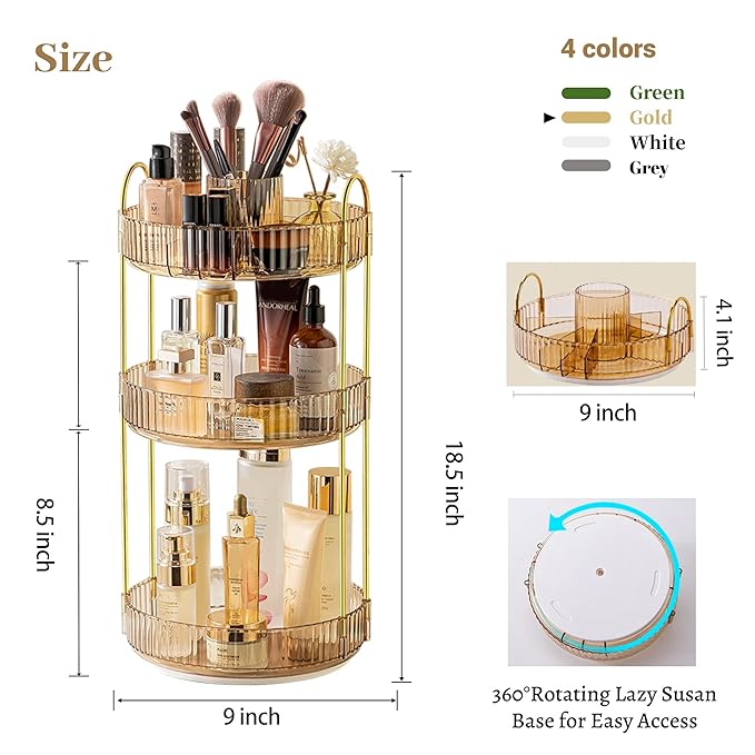 Aveniee 360° Rotating Makeup Organizer for Vanity, Upagraded Perfume Skincare Bathroom Counter Organizers with Brush Divider, 3 Tier Spinning Lipstick Cosmetic Lotion Storage,Gold