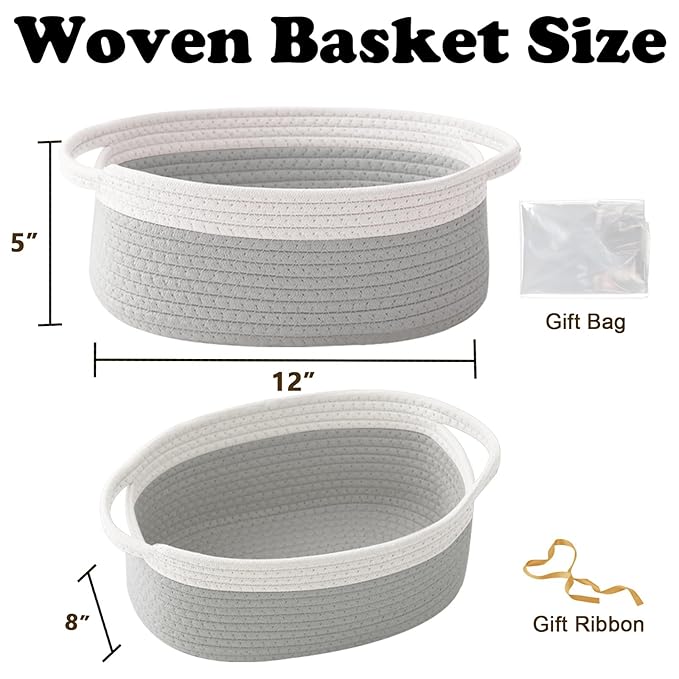 2 Pack Small Woven Rope Basket-Empty Gifts Basket with Bag and Ribbons,Cute Handle Organizer Box for Birthday/Baby Shower, Toy Storage, Nursery Organizing & Shelf Decor(White&Grey)