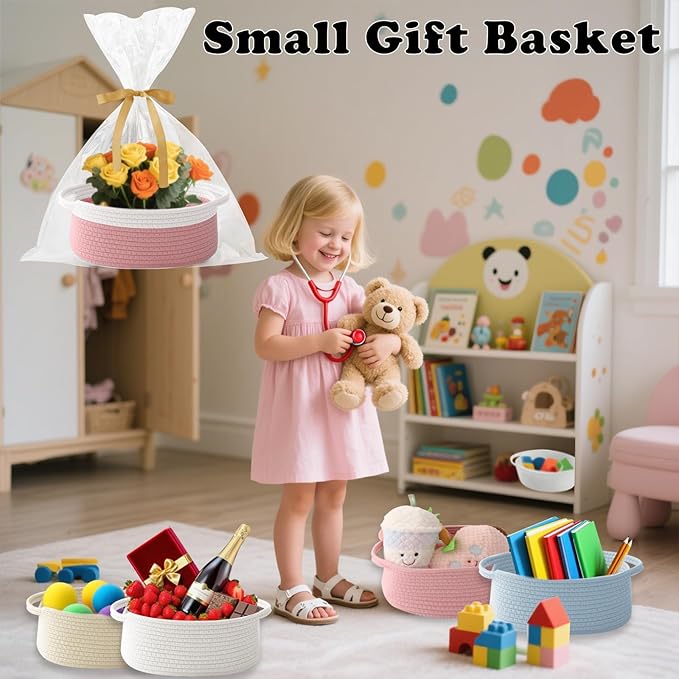 Small Woven Rope Basket-Empty Gifts Basket with Bag and Ribbons,Cute Handle Organizer Box for Birthday/Baby Shower, Toy Storage, Nursery Organizing & Shelf Decor(White&Pink)