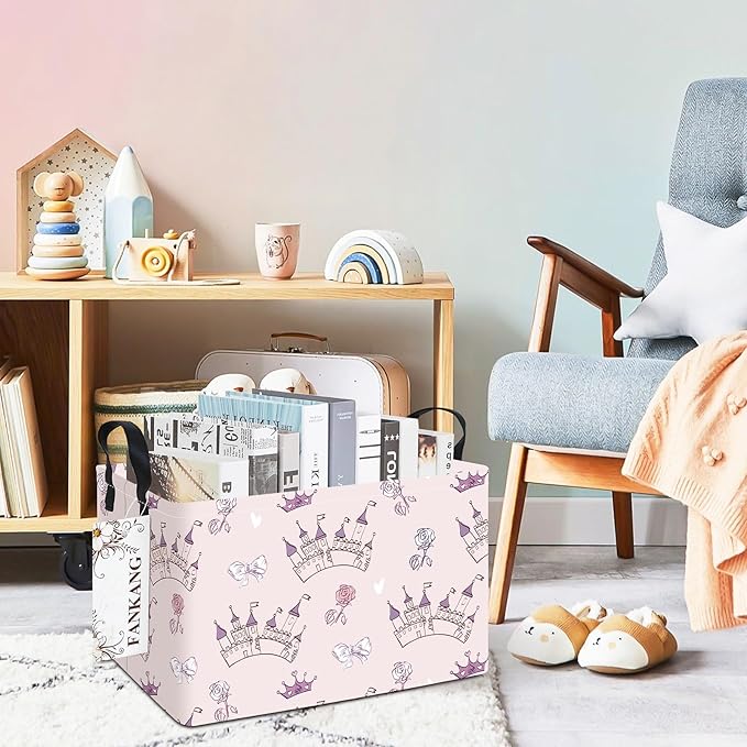 Storage Bins, Nursery Hamper Canvas Laundry Basket Foldable with Waterproof PE Coating Large Storage Baskets for Kids Boys and Girls, Office, Bedroom, Clothes,Toys(Rec-Princess Castle