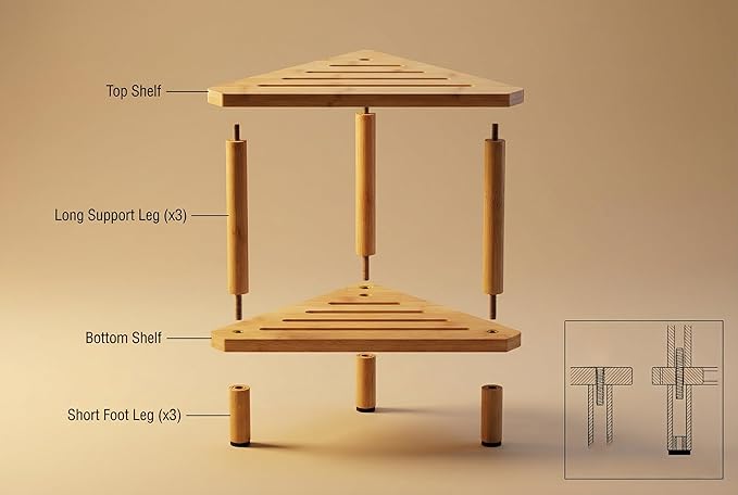 Bamboo Corner Shower Stool with Storage Shelf, Waterproof 2-Tier Shower Foot Rest for Shaving Legs, Small Bathroom Corner Bench Organizer for Inside Shower, Spa Bath Seat