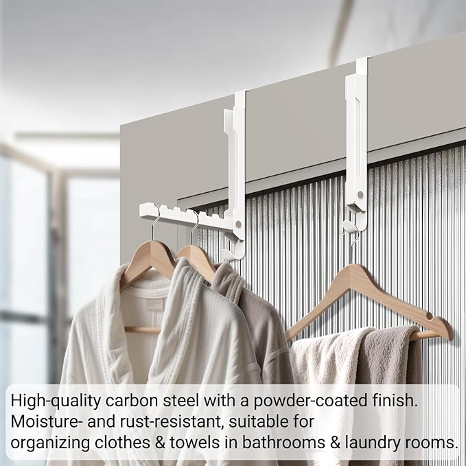 Over The Door Hooks, 7-Hook Metal Door Hanger Clothes Drying Rack, Foldable Portable Space Saving, Extra Large Hook for Clothes Coat Bag - Bedroom Laundry Room Travel, White