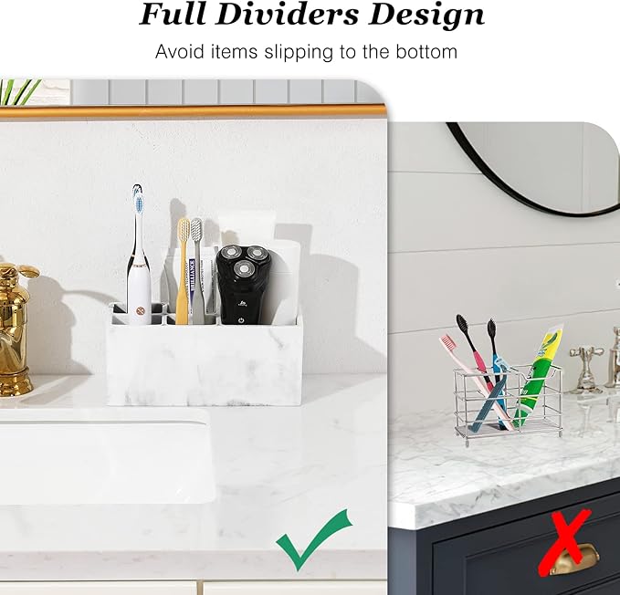 Luxspire Toothbrush Holder for Bathroom, 5 Slots Bathroom Counter Organizer Marble Toothbrush and Toothpaste Holder, Accessories for Restroom Bathroom - Gravel White