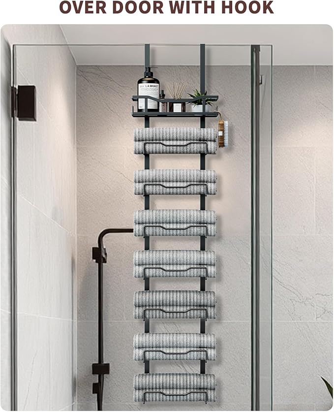 Aetyord Hanging Towel Racks for Bathroom No Drill - Over The Door 8-Tier Bath Towel Storage Organizer for Small Bathrooms - Back Door Large Tiered Towel Holder Hanger for Rolled Towels RV Camper BLACK