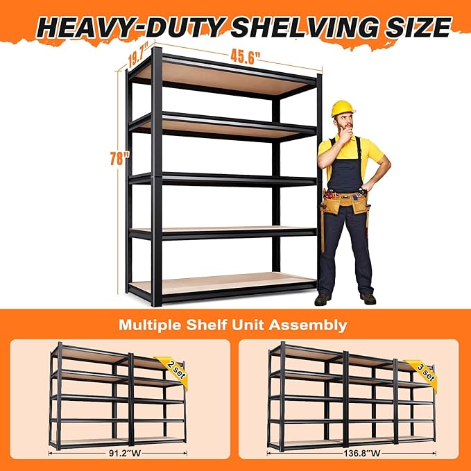 3-Piece Set 78''H*46''W Storage Shelves,3000LBS Garage Shelving,Adjustable Garage Shelves,Heavy Duty Metal Shelving, 5 Tier Wood Utility Steel Shelf, Shelving Units and Storage Rack 3Pack