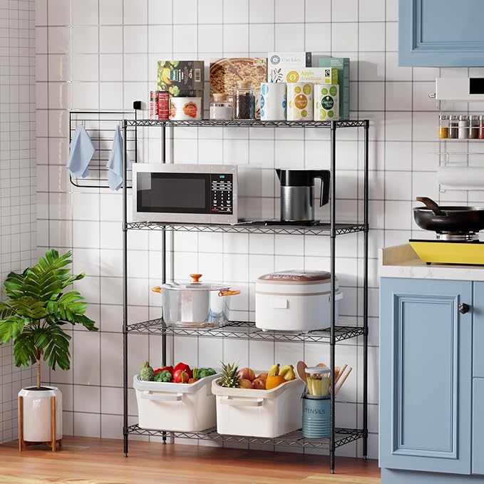 4-Tier Adjustable Metal Shelving Unit, Heavy Duty Garage Storage Rack, Wire Shelves & Closet Organizers, Utility Shelf for Kitchen, Pantry, Garage – Black, 53.7" W x 13.4" D x 35" H, 800 lbs