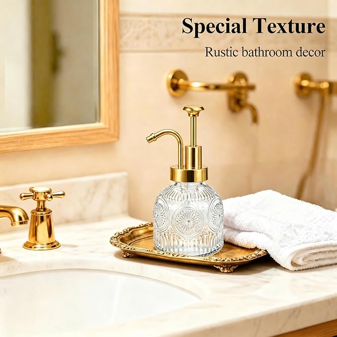 SheeChung Vintage Soap Dispenser, Kitchen Dish Soap Dispensers with Pump Mat, Glass Hand Soap Dispenser for Bathroom, Liquid, Lotion, Refillable, Rustic Farmhouse Decor-Clear (Gold Pump, 1 pk)