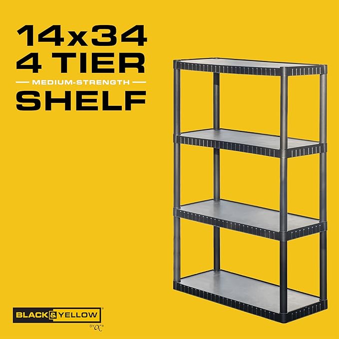 CENTREX CX 4-Tier Medium Duty Plastic Storage Shelves that Support up to 75lbs/shelf, Organization and Storage, Weather-Resistant Design, Easy Assembly, Black (52.1”H x 34.8”W x 14.6”D)