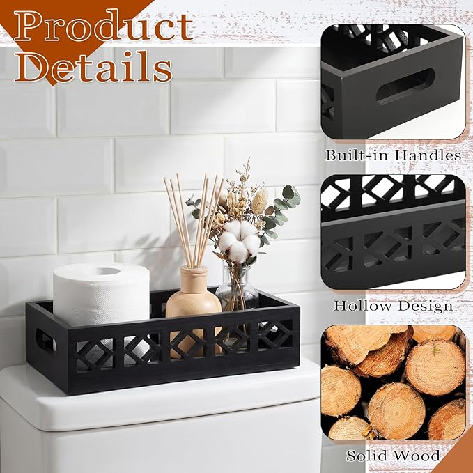 Qunclay 2 Pack Black Toilet Tank Baskets Wooden Toilet Tank Top Paper Baskets with Handle Rustic Hollow Bathroom Paper Organizer Holders Farmhouse Decorative Bathroom Storage Box
