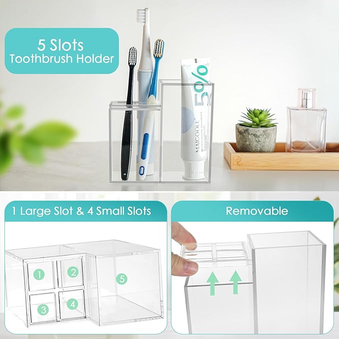 Acrylic Toothbrush Holders for Bathroom, 5 Slots Toothbrush and Toothpaste Storage Organizer Holder, Home Decor for Bathroom Accessories Organizer - Clear
