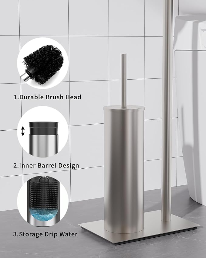 Toilet Paper Holder Stand, Free Standing Toilet Paper Holder with Shelf for Bathroom, Stainless Steel Brushed Nickel Toilet Tissue Holder with Brush and Holder Set, Weighted Base
