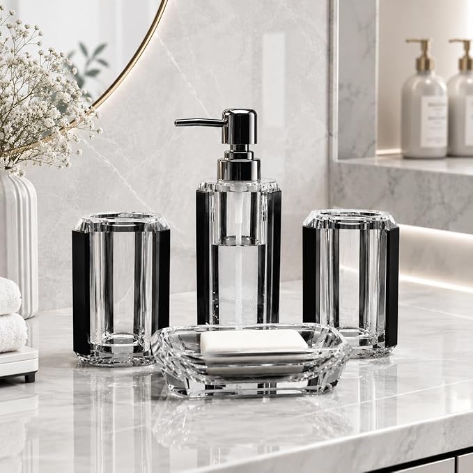4-Piece Black Bathroom Accessories Set — Soap Dispenser, Soap Dish, Mouthwash Cup & Toothbrush Holder, Glossy Acrylic with Brushed Black Accent, Modern Bathroom Decor