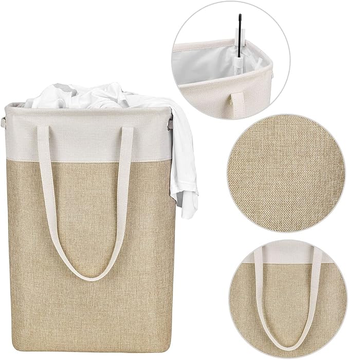 Laundry Basket with Handles Beige&Khaki-Slim Laundry Bin Collapsible Dirty Clothes Basket Narrow Laundry Bag Foldable Dirty Hamper for Camping, Dorms, Apartments