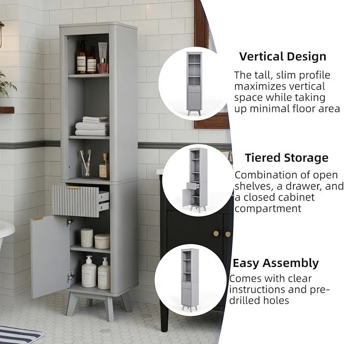 XIAO WEI 68" Tall Bathroom Storage Cabinet, Narrow Bathroom Storage Cabinets with 3 Adjustable Shelves, Slim Wooden Storage Cabinet with 1 Drawer & Door for Bathroom, Grey