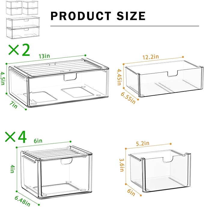 caktraie Acrylic Stackable Storage Drawers Set of 6, Clear Plastic Storage Boxes for Art Tool & Sketch, Storage Organizer, Makeup Organizer,Ideal for Vanity, Bathroom,Cabinet,Pantry Organization