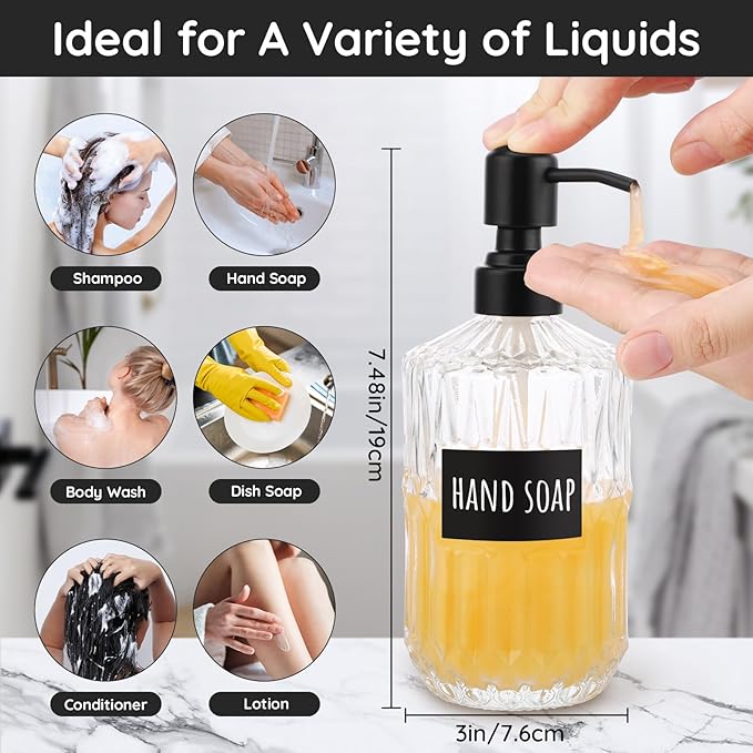 Segbeauty 15.2oz Glass Soap Dispenser Refillable, 2pcs Empty Bathroom Hand Soap Dispenser with Stainless Steel Pump, 450ml Clear Lotion Pump Bottle with Labels, Vintage Shampoo and Conditioner Bottle