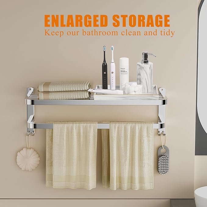 23 Inch Bathroom Towel Rack Towel Shelf with Double Towel Bars Lavatory Wall Mount Holder with Hooks Stainless Steel Hotel Bath Rack