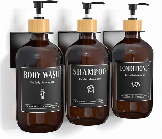 Luxspire Shampoo and Conditioner Dispenser, Shower Soap Dispenser Wall Mounted 3 Sets Plastic Bottles Bamboo Pump, 17OZ Shampoo and Conditioner Bottles for Bathroom, Shower Wall and Hotel, Amber