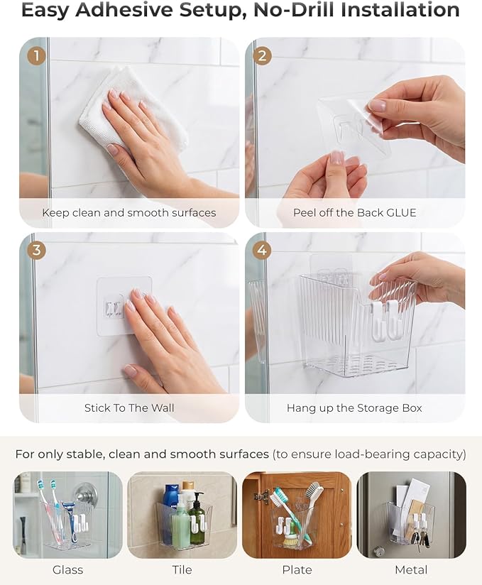 Wall Mount Organizer, 6 Hooks and 4 Pack Cabinet Door Storage Bins, Space-Saving Adhesive Bathroom Wall Organizer, Wall Storage for Office, Cabinet, Pantry, Kitchen, Makeup