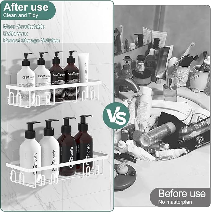 Getsrichfc Shower Caddy Adhesive, Rustproof Shower Shelves for Inside Shower, Large Capacity Bathroom Organizers and Storage, Shower Storage with Removable Hooks, No Drill Bathroom Accessories White