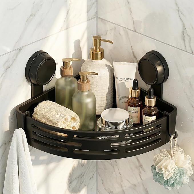 Corner Shower Caddy Suction Cup No Drilling, Removable Corner Shower Shelves, Bathroom Organizers and Storage, Shower Caddy Corner Storage Rack with Towel Hooks, Black