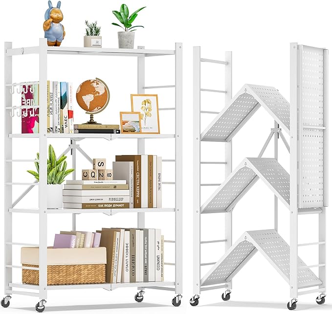 4-Tier Folding Metal Storage Shelf with Wheels & Hooks, Heavy Duty No-Assembly Collapsible Utility Rack for Kitchen, Garage, Office, Living Room – 600 lbs Capacity(White, 4-Tier)