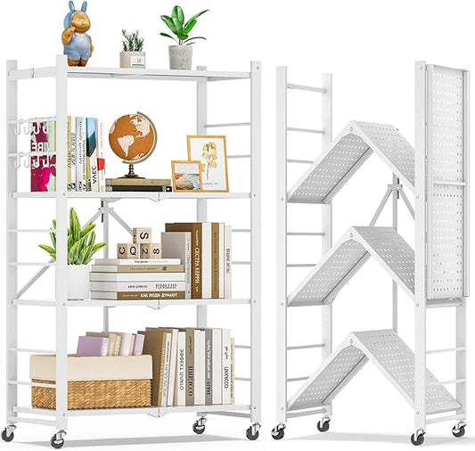 4-Tier Folding Metal Storage Shelf with Wheels & Hooks, Heavy Duty No-Assembly Collapsible Utility Rack for Kitchen, Garage, Office, Living Room – 600 lbs Capacity(White, 4-Tier)