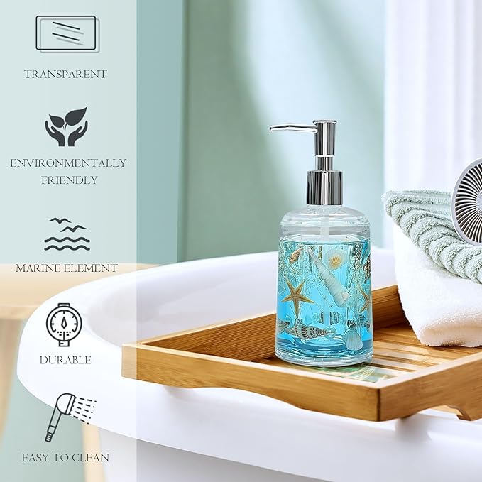 FONMY Soap Dispenser with Pump Acrylic w/Nature Seashell Handmade Bathroom Hand Soap Dispenser, Kitchen Refillable Liquid Dispenser for Soap,Dish Soap, Lotion (Blue)