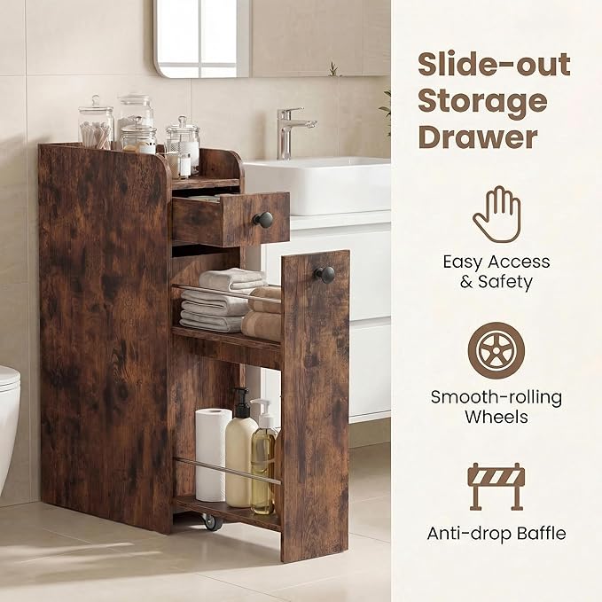 Tangkula Slim Bathroom Storage Cabinet, 4-Tier Narrow Small Side Storage Cabinet Next to Toilet, Slide Out Drawers on Casters, Floor Organizer Toilet Paper Holder for Small Spaces (Rustic Brown)