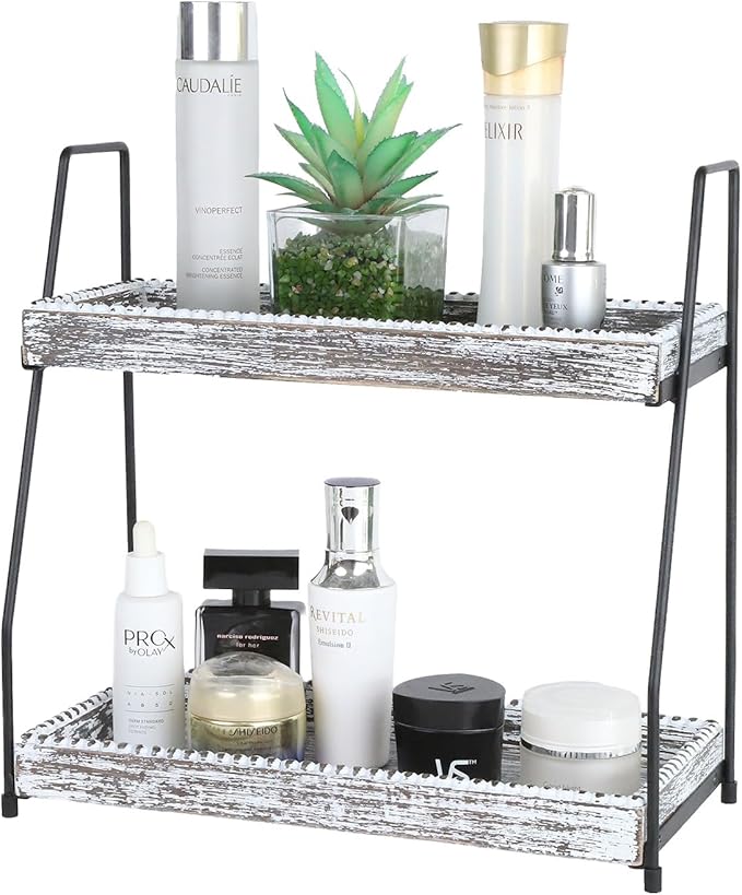 Gurfuy Bathroom Vanity Organizer 2-Tier Wood Countertop Storage Counter Shelf for Makeup Skincare Perfume Jewelry Tray Spice Rack White