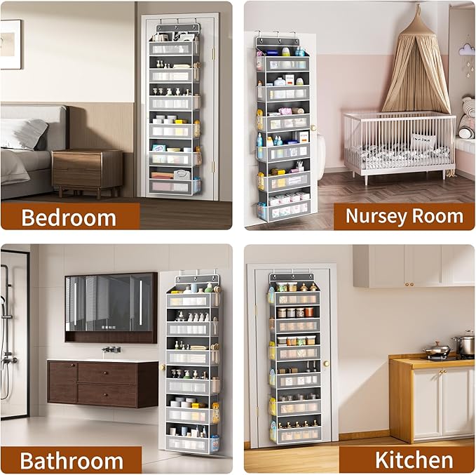 6-Tier Over The Door Organizer with Large Pocket, Over the Door Storage 12 Side Pockets, Hanging Door Organzier 44 lb Load Behind Door Storage Hanging Shelf for Closet Wall Bathroom Nursery, Grey