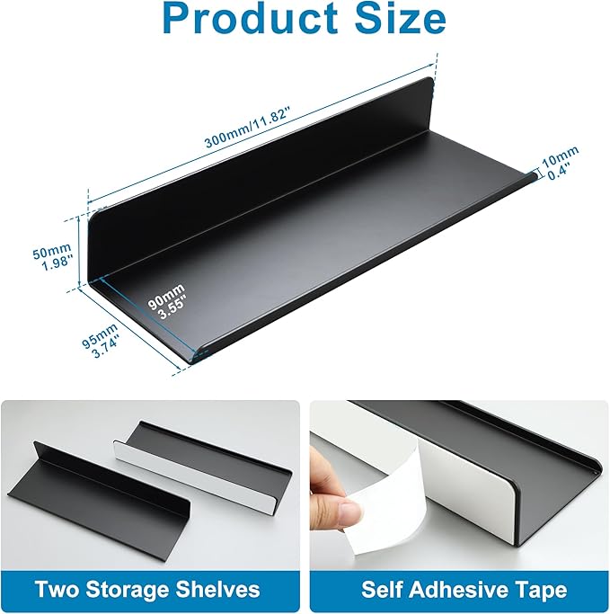 SAYAYO Black Floating Shelves for Wall Storage, 12 Inch Adhesive Wall Shelves for Bedroom Decor, Small Display Bathroom Shelf Organizer for Kitchen, Living Room, Office, 2pcs
