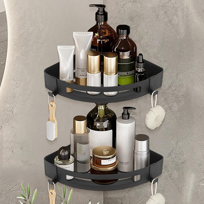 NearMoon Bathroom Shower Caddy 2 Pack, 304 Stainless Steel Shower Organizer with 2 Hooks, No Drill (Corner Shelf, Matte Black)