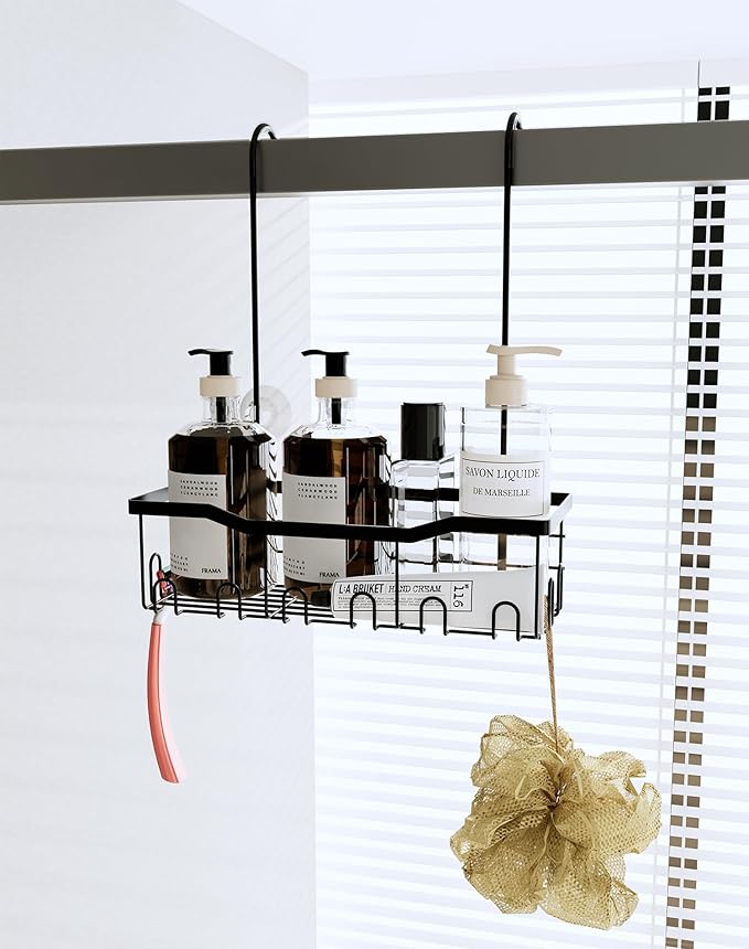 Slizy Hanging Shower Rack, Black Bathroom Storage Rack, Bathroom Door Organizer, Hanging Shower Basket, Shampoo Holder, No Drilling Required, Organizes Essentials, Black(Black Single-tier Shelf)