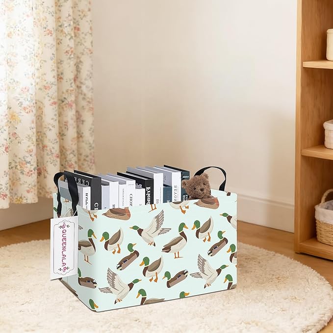 QUEENLALA Rectangular Laundry Hamper/Foldable Nursery Laundry Basket for Organizing/Storage Bin Baskets/Children Toy Office Bedroom/Toy Bin Closet Shelf Baskets (Rec-Mallard Duck)
