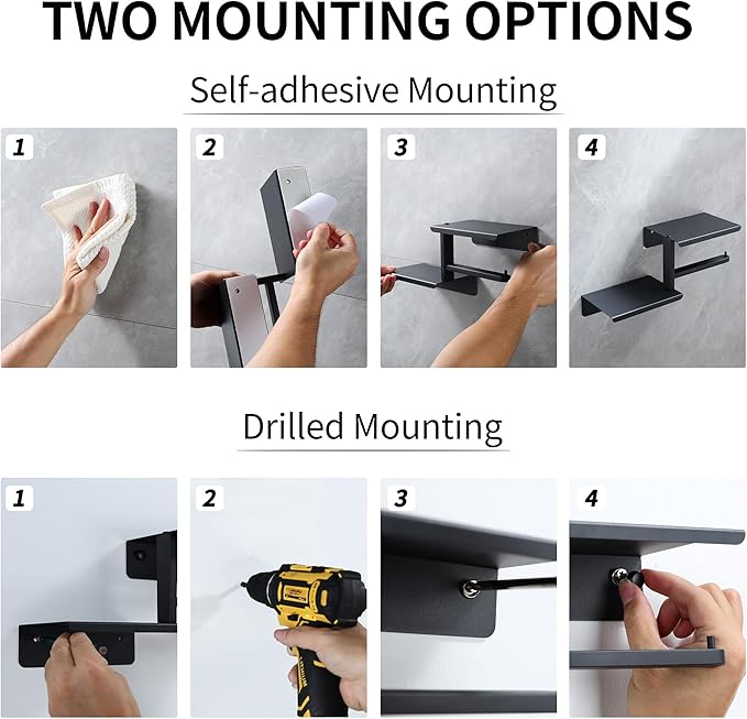 Adhesive Toilet Paper Holder with Double Shelf, No Drilling Wall Mount Toilet Tissue Roll Holder, Rustproof & 304 Stainless Steel Bathroom Storage Dispenser