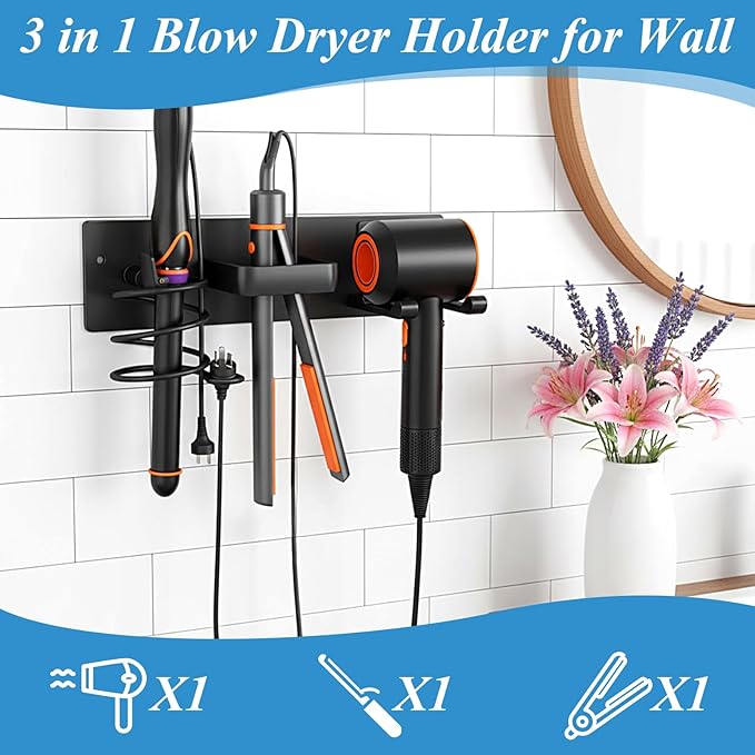 Hair Dryer Holder Wall Mounted 3 in 1 Bathroom Hair Tool Organizer Rack with Curling Iron Holder & Flat Iron Holder Blow Dryer Holder for Universal Dryer, Matte Black