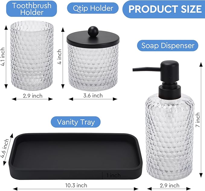 Bathroom Accessory Set,4 Pcs Clear Glass Bathroom Accessories Set-Lotion Soap Dispenser,Toothbrush Holder,Qtip Holder Dispenser & Resin Vanity Tray,Countertop Vanity Organizer,Crystal Clear