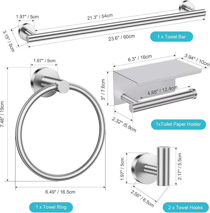 TURS Brushed Nickel 5-Piece Bathroom Hardware Set Towel Bar Set SUS304 Stainless Steel Towel Racks for Bathroom Wall Mounted, 23.6-Inch