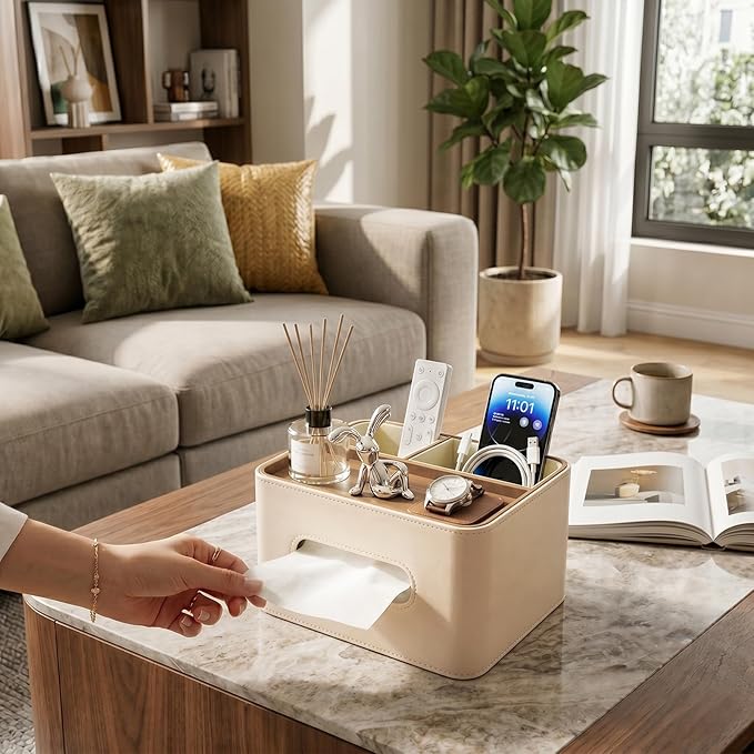 Tissue Box Cover Rectangle with Storage Organizer,PU Leather White Tissue Box Cover for Bathroom, Night Stands,Office Desk,Living Room, Decorative Tissue Holder,Compact Size for car Tissue Refills