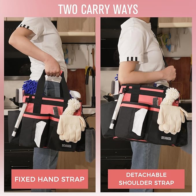 SCAVATA Compact Wearable Cleaning Caddy, Small Cleaning Caddy Supplies Organizer with Handle & Shoulder Straps for Housekeepers, Under Sink & Car Cleaning Tool Organizers Bag (CaralPink)