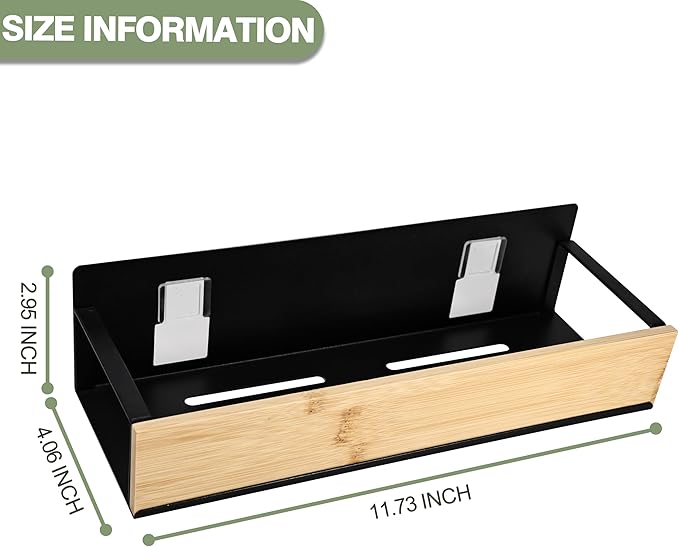 Wall Mount Organizer,Adhesive Metal Shelf with Bamboo Lip,Bathroom Shelves for Wall,Self Adhesive Organizer,Shower Caddies,No Drilling Stick-on Wall Rack,for Bathroom,Kitchen,Living Room (Black)