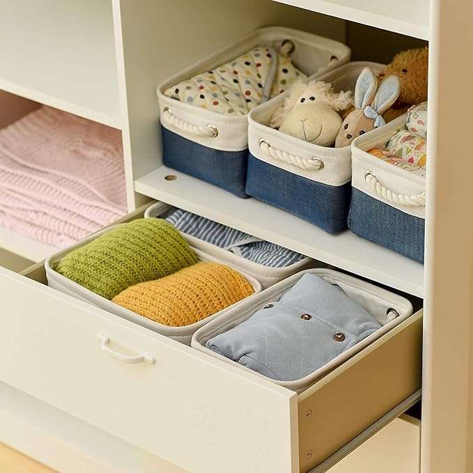 TheWarmHome Storage Basket for Organizing - Small 12x8x5.2 inch 6 Pack Collapsible Storage Bin for Shelves, Canves Storage Cubes for Organizer Cloth Box Gift Toys Closet (White & Jean Blue)